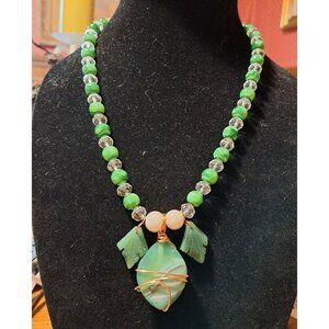 Handmade Artisan Stone and Glass Beaded Necklace With Agate Pendant 20"